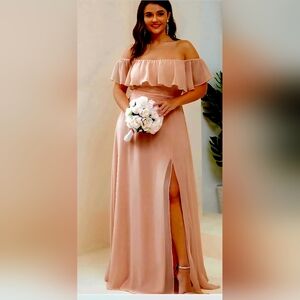 Ever Pretty Blush/Dusty Pink 'Emile' Off-Shoulder Ruffle Bodice Flowy Maxi Dress